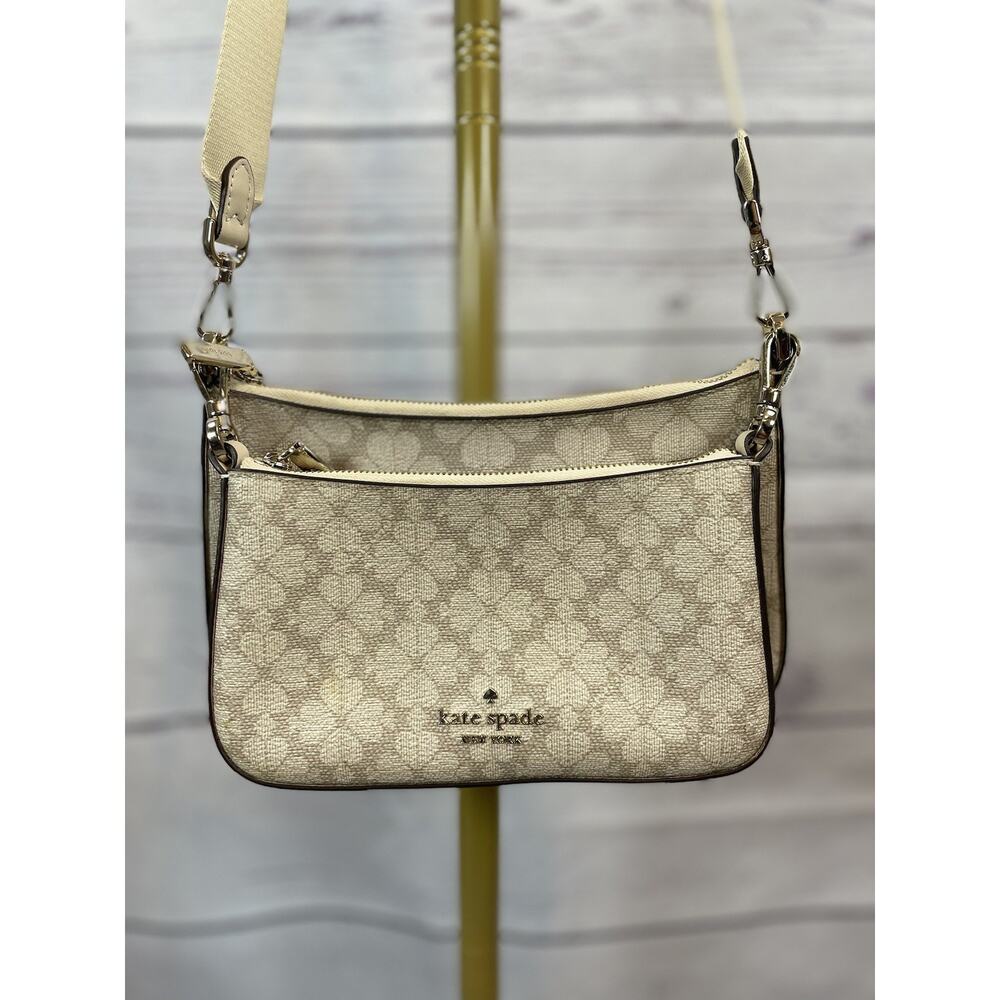 Kate Spade Flower Coated Canvas Crossbody Bag & Card Holder Set Beige Cream - Picture 10 of 15